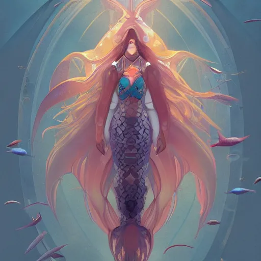 Image similar to shark mermaid, lower half traffic cone, full body, underwater background detailed atmospheric - ron cheng & alphonse mucha, highly detailed, digital painting, ray tracing, concept art, illustration, smooth sharp focus, intricate, symmetry, artstation,