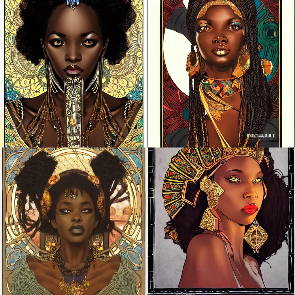 Prompt: black african princess, symmetric, intricate, highly detailed, concept art, sharp focus, illustration, rutkowski, mucha