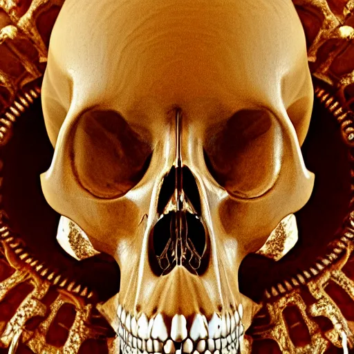 Prompt: an extreme close - up symmetrical portrait of an ornamental bone skull, photographic filter, unreal engine 5, realistic, hyperdetailed, 8 k, cinematic, volumetric lighting, very realistic effect, hd, hdr, 4 k, sharp focus, octane render, ultra detailed, high resolution, trending on artstation in the style of albert dros glowing rich colors powerful imagery