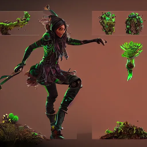 Image similar to female earth mage, high quality character design, action pose : : spotlight, biopunk, forestpunk, high detail, 1 6 k, oled, shadows, reflections, digital art