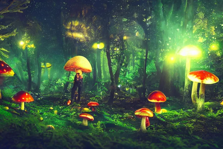 Image similar to An astronaut walking in an enchanted fantasy forest. Colorful. Glowing mushrooms. Flying fairies. Cinematic lighting. Photorealism.