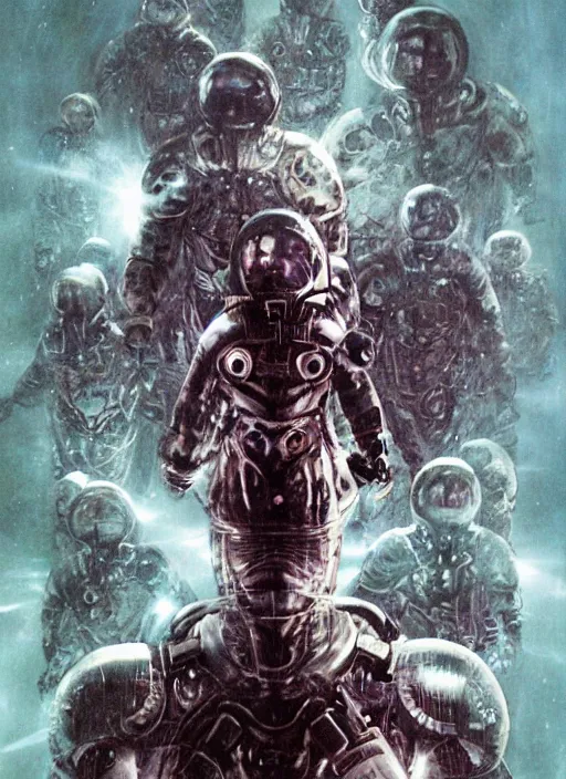 Image similar to astronauts in dark and empty void underwater - complex and hyperdetailed suit. reflection and dispersion materials. rays and dispersion of light. volumetric light. 5 0 mm, f / 3 2. noise film photo. flash photography. ultra realistic, wide angle. poster by wayne barlowe, hajime sorayama aaron horkey, craig mullins. dark key.