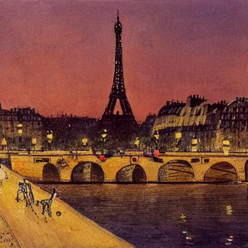 Prompt: A guinea pig in Paris at night, eiffel tower visible in the background, bridge across Seine visible in background, in the style of Carl Larsson