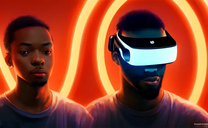 Prompt: handsome black genius hacking the metaverse, vr headset, holographic keyboard and curved digital holographic displays, luxury interior, electric orange glowing lights, highly detailed, digital painting, artstation, concept art, smooth, sharp focus, illustration, art by wlop, mars ravelo and greg rutkowski