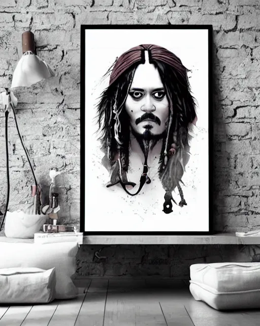 Prompt: a detailed poster in white frame hanging on the wooden wall, portrait of captain jack sparrow, in the style of ilya kuvshinov, rossdraws, wlop