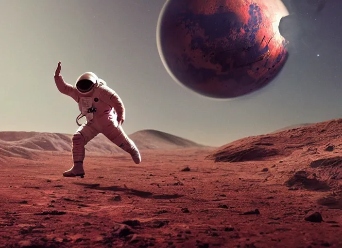 Image similar to ! dream ultra realistic illustration, a soviet astronaut playing soccer on mars, mars landscape, elegant, highly detailed, artstation, concept art, smooth, sharp focus, moody, dramatic lighting