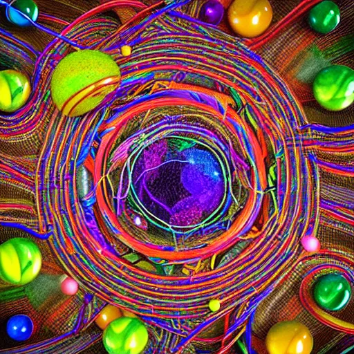 Prompt: tree roots intertwined with thin colorful strings forming around colorful marbles in a tangled mandala vortex growing out of a hexagonal box by Jim Burns and Margaux Valonia, rainbow colors, vivid colors, saturated, hyperdetailed, photorealistic, octane render, 3D, trending on artstation