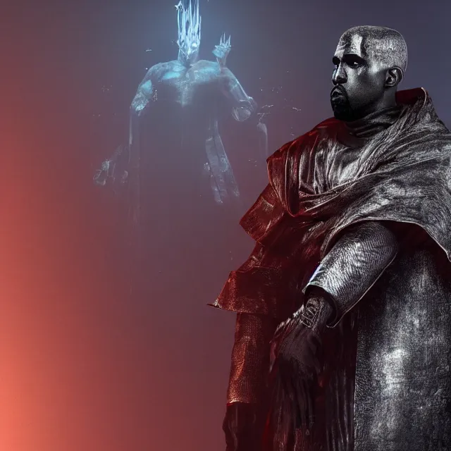 Image similar to kanye yeezus reimagined as a boss in dark souls, dark cinematic, volumetric, realistic, 3 d render, cinematic lighting, ray tracing, unreal engine 5, unreal engine render, octane render, hyper realistic, photo, 8 k