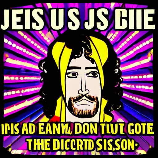 Image similar to jesus is a disk jockey in a london discotheque