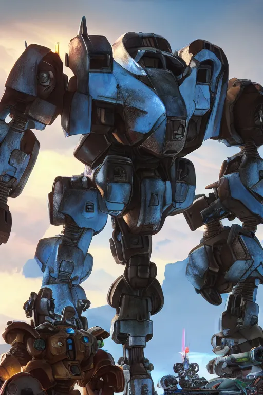 Image similar to mechwarrior 5 : mercenaries mech megaman transformer robot boss tank engine game octane render, 4 k, hd 2 0 2 2 3 d cgi rtx hdr style chrome reflexion glow fanart, global illumination ray tracing hdr fanart arstation by ian pesty by jesper ejsing pixar and disney unreal zbrush central hardmesh