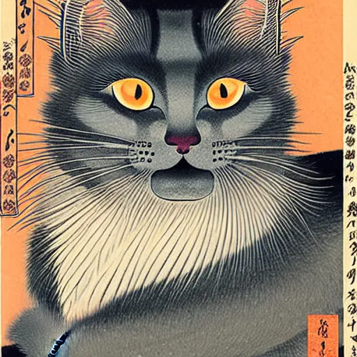 Image similar to beautiful portrait ukiyo - e painting of an ginger maine coon by kano hideyori, kano tan'yu, kaigetsudo ando, miyagawa choshun, okumura masanobu, kitagawa utamaro