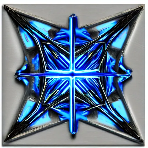 Prompt: symmetrical cyber fractal deity made out brushed steel and glowing blue lights