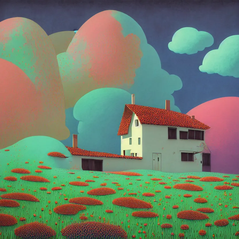 Image similar to house by calatrava, white sea cloud, summer morning, very coherent and colorful high contrast, art by! gediminas pranckevicius! geof darrow, pastel color, volumetric lighting, cinematic, floralpunk screen printing woodblock, dark shadows, hard lighting, stippling art