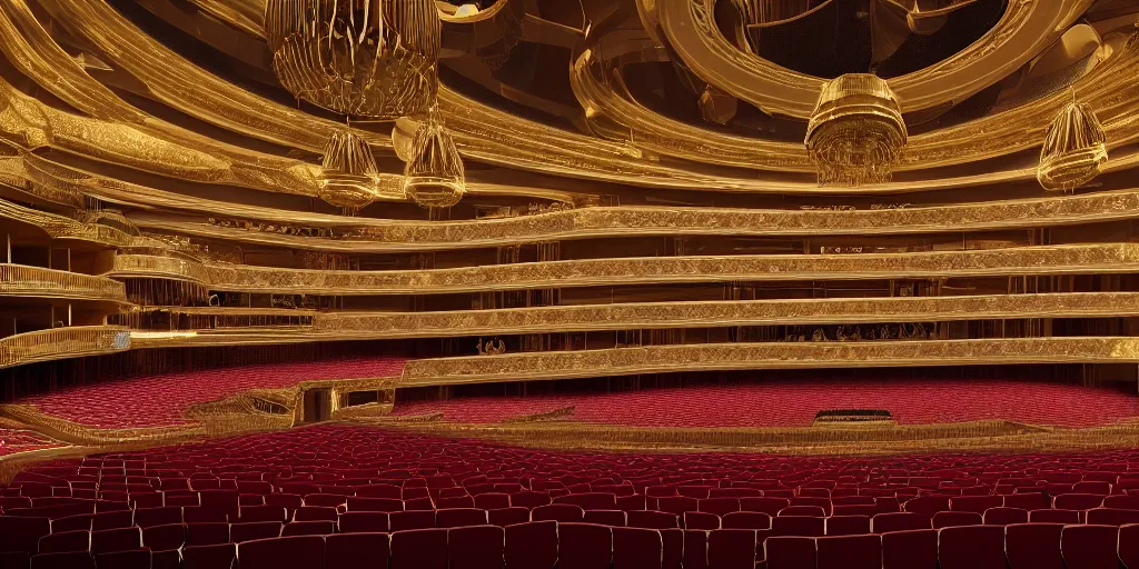 Image similar to interior view of an elaborate and opulent modern opera house, 4k octane render, detailed, extreme detail, cinematic, soft lighting, vfx