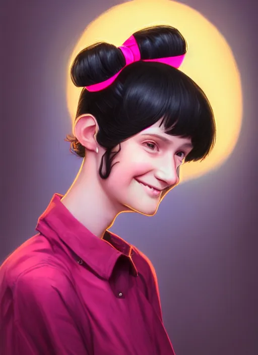 Image similar to portrait of high school girl, realistic, black hair, bangs, half updo hairstyle, pointy nose, skinny, smile, ugly, defined jawline, big chin, pink hair bow, earrings, intricate, elegant, glowing lights, highly detailed, digital painting, artstation, sharp focus, illustration, art by wlop, mars ravelo and greg rutkowski