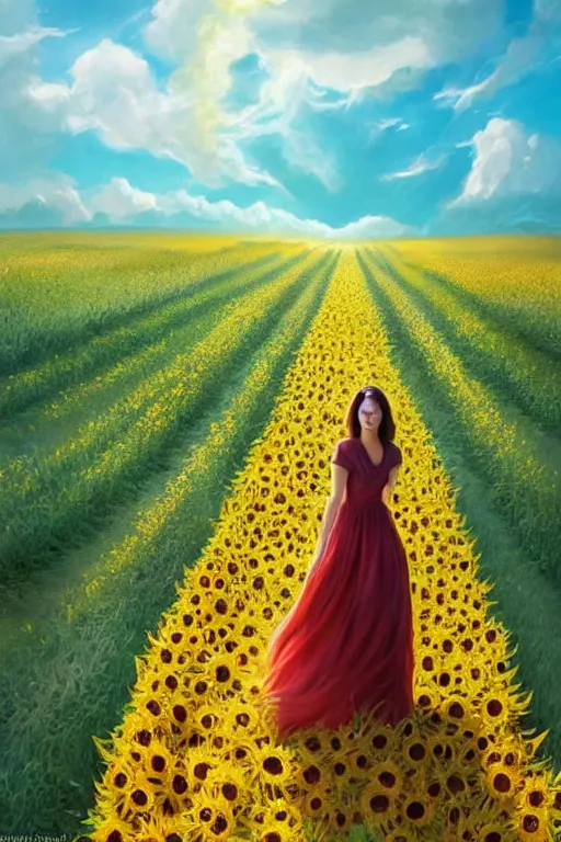 Image similar to a girl in really long dress slowly walking through amazing tall sunflower field, hair flowing, fanart, by concept artist gervasio canda, behance hd by jesper ejsing, by rhads kuvshinov, rossdraws global illumination radiating a glowing aura global illumination ray tracing hdr render in unreal engine 5, tri - x pan stock, by richard avedon