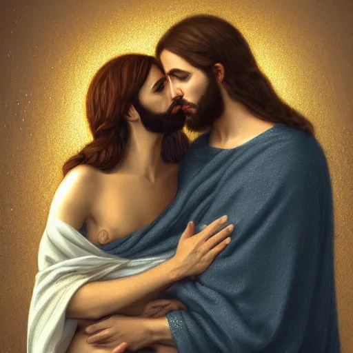 Image similar to jesus kissing a sensual woman in jerusalem, elegant, highly detailed, digital painting, artstation, concept art, matte, sharp focus, highly detailed, 4 k, hdr, smooth, sharp focus, high resolution, award - winning photo, photorealistic large shot