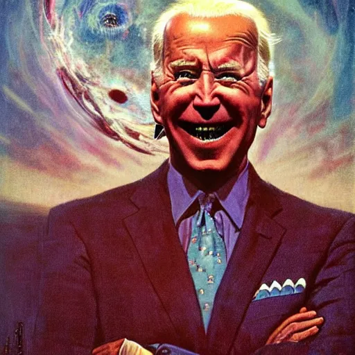 Image similar to terrifying, surreal joe biden creating the universe ab nihilio, perfectly clear face, by j. c. leyendecker and beksinski