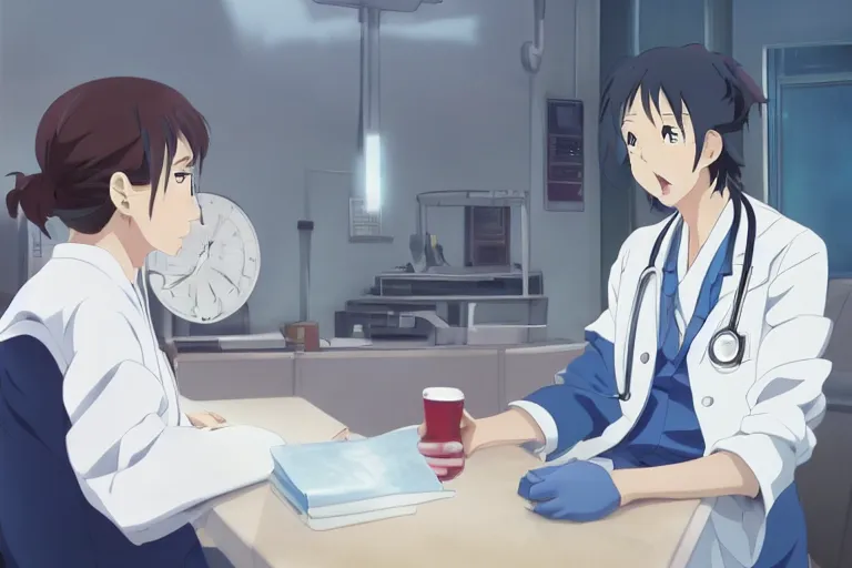 Image similar to a cute young female doctor wearing white coat are talking with an old surgeon in a hospital, slice of life anime, lighting, anime scenery by Makoto shinkai