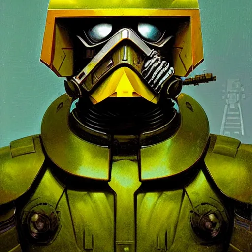 Image similar to portrait of a mutant chronicles bauhaus doomtrooper, wearing green battle armor, a yellow smiley sticker centered on helmet, by greg rutkowski