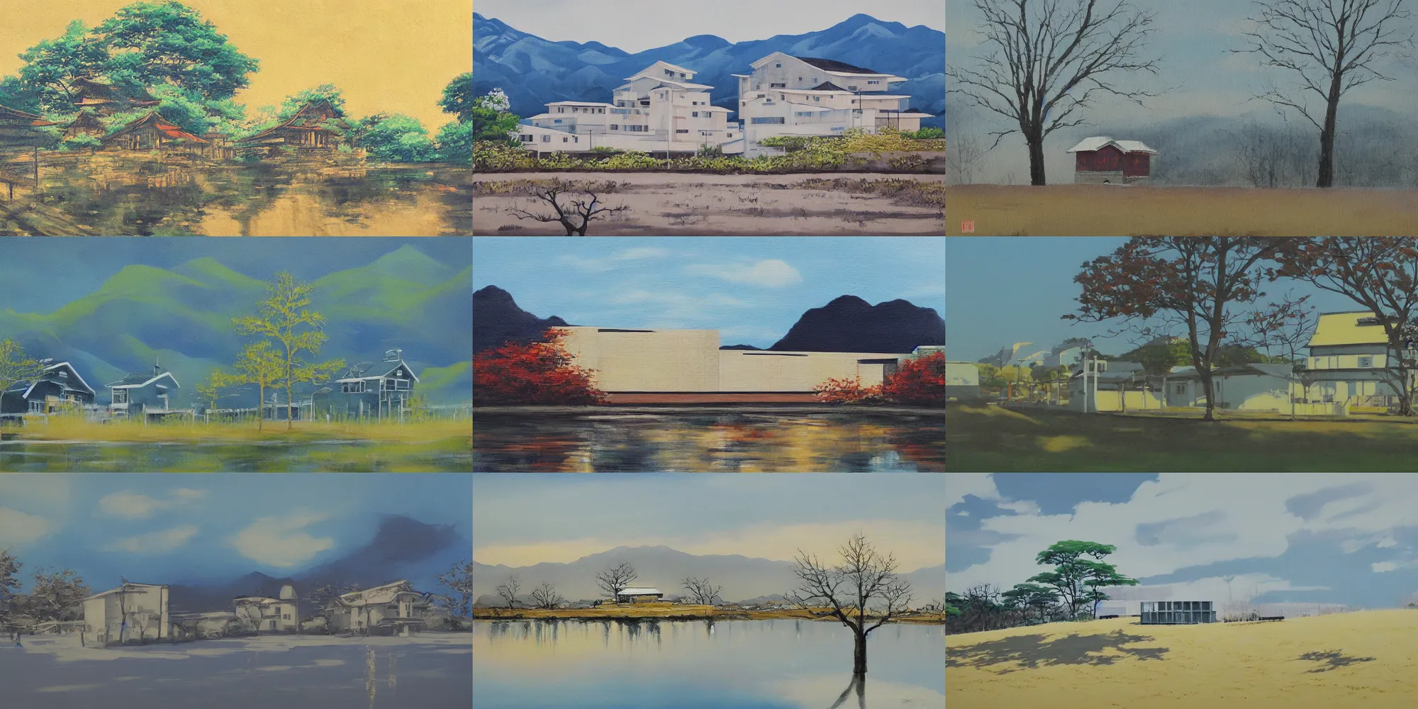 Prompt: a beautiful painting of a building in a serene landscape by Shingo ‘Shichigoro’ Matsunuma