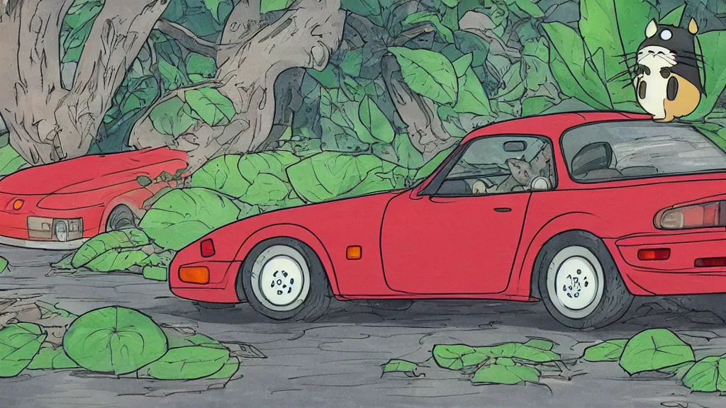 Prompt: 1 9 9 0 mazda miata in the style of my neighbor totoro, anime, detailed lines