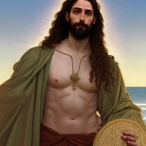 Prompt: an extremely detailed illuminated manuscript of a ridiculously good looking jesus that looks like a jewish gigachad, long curly hair, elegant ancient greek dress, very detailed, windy beach, beautiful, intricate, cinematic, artstation, william bouguereau, alphonse mucha, greg rutkowski, rossdraws, octane render