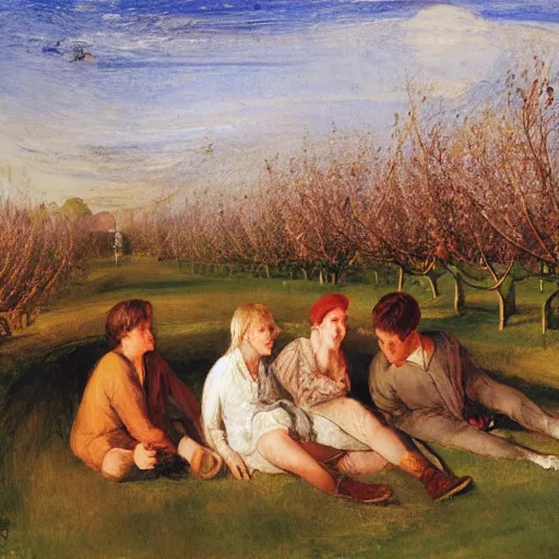 Image similar to friends resting in the apple orchard by felice casorati, j. m. w. turner, simon stalenhag