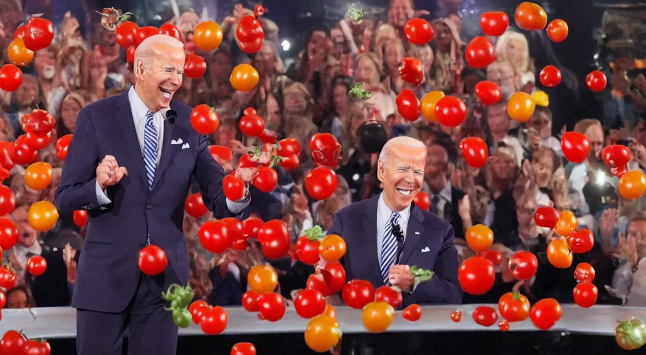 Image similar to joe biden singing on americas got talent with tomatos being thrown at him