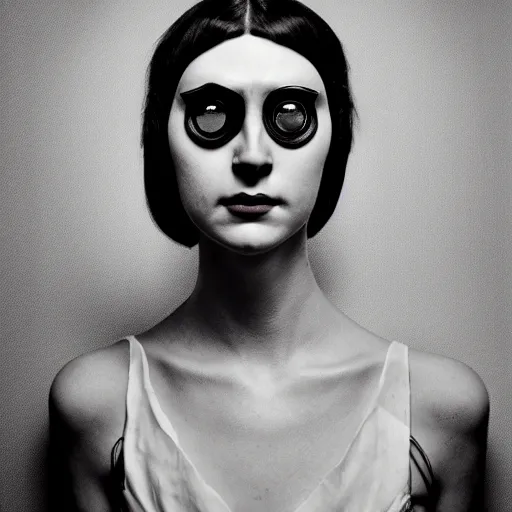 Image similar to old monochrom portrait photography of a beautiful girl with one eye, cyclops, in a victorian decor, by man ray, alfred ghisoland, gemmy woud - binendijk, erwin olaf, 4 k,