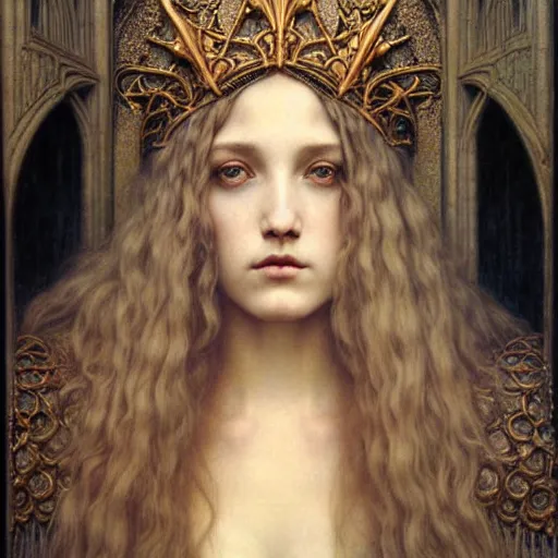 Image similar to detailed realistic beautiful young medieval queen face portrait by jean delville, tom bagshaw, brooke shaden, gustave dore and marco mazzoni, art nouveau, symbolist, visionary, gothic, pre - raphaelite, ornate gilded medieval icon, surreality