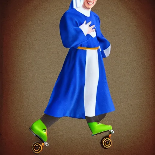 Image similar to blonde nun in blue clothes on roller skates, photorealistic, in the style of michaelangelo