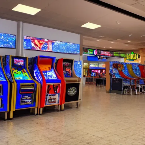 Image similar to an empty food court at a mall with a single arcade machine on the wall, vhs footage