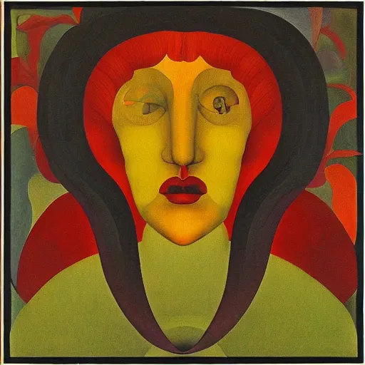 Image similar to floral face portrait by leonetto cappiello and wojciech siudmak and ernst fuchs, anni albers, oil on canvas