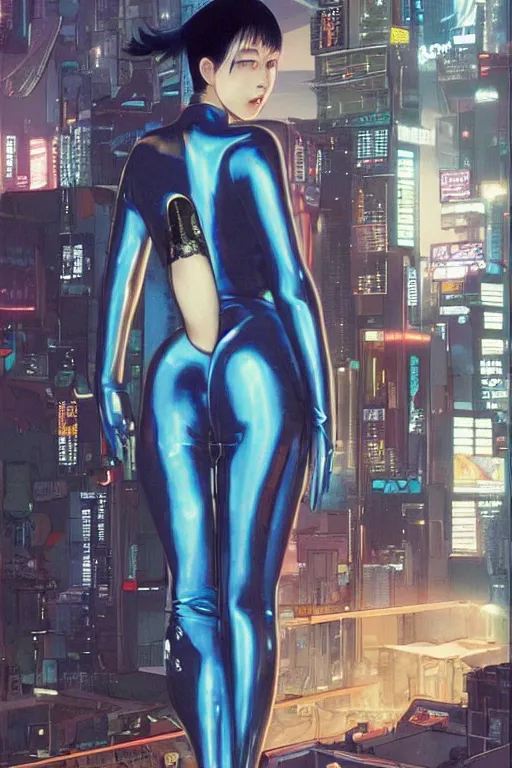 Image similar to cyberpunk japanese women with black eyes and pretty face wearing latex catsuit and lots of transparent and cellophane accessories, blue hour, crisp, painting by moebius and mayumi hosokura