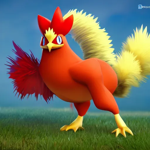 Image similar to a pokemon that looks like a Rooster. A Rooster pokemon. The body is a coconut,Trending on art station. Unreal engine.