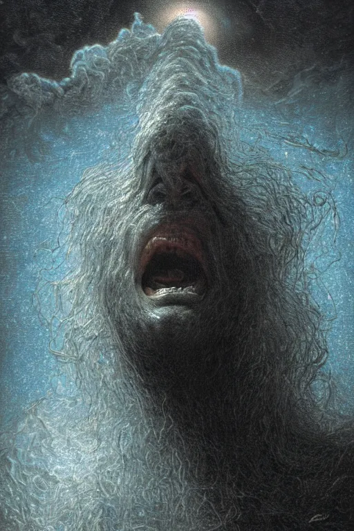 Prompt: an old man screams and a tornado comes out of his mouth by artgem and les edwards, gustave dore, highly detailed, high contrast, light reflection, trippy, nebula, trending on artstation