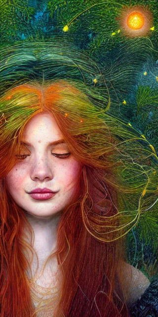 Image similar to infp young woman, smiling amazed, golden fireflies lights, sitting in the midst of nature fully covered, long loose red hair, intricate linework, bright accurate green eyes, small nose with freckles, oval shape face, realistic, expressive emotions, dramatic lights spiritual scene, hyper realistic ultrafine art by michael cheval, jessica rossier, boris vallejo