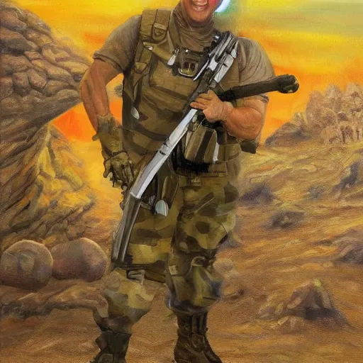 Image similar to oil painting Joe Biden with glowing eyes, looking stern, holding an RPG, in a desert landscape, epic, dark