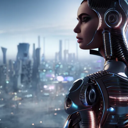 Prompt: close up ultra realistic photo of a cyborg female, futuristic city in the background, 4 k, 8 k, octane render, unreal engine, meta human, hi - tech, modern