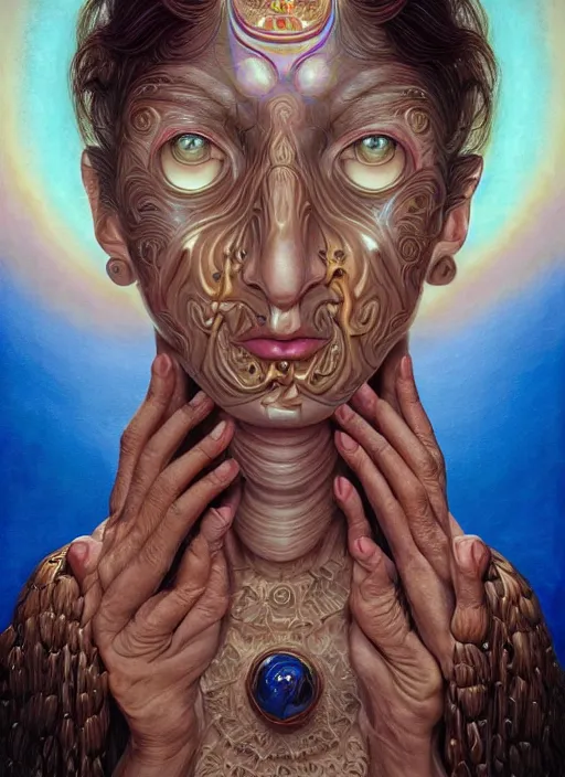 Image similar to portrait ultra dimensional cult woman shaman, enlightenment tripping on dmt, psychedelic experience, ultra high definition, unreal engine 5, hyperrealism, masterpiece composition, by michael parkes, casey weldon, barclay shaw