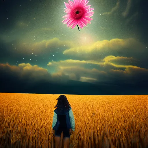 Prompt: giant pink daisy flower as a head, girl walking in wheat field, hills, surreal photography, dark night, star trails, dramatic light, impressionist painting, clouds, digital painting, artstation, simon stalenhag