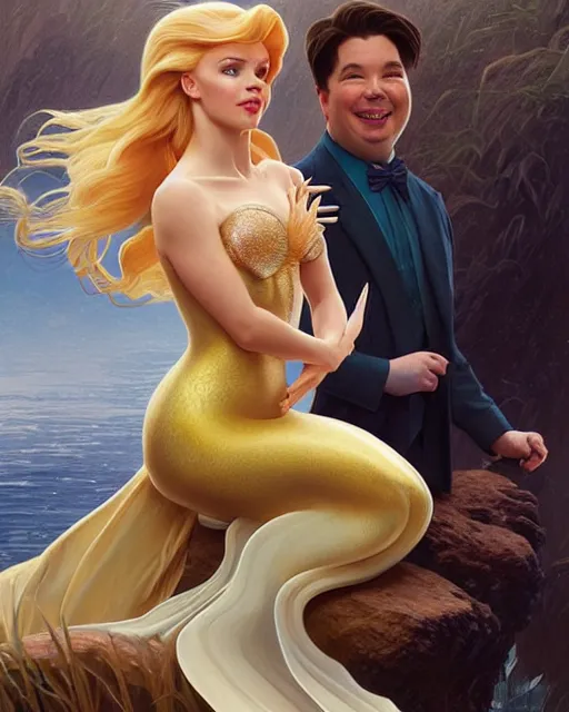 Image similar to Portrait of a  blonde lady and Michael mcintyre as characters in the Little Mermaid,real life skin, intricate, elegant, highly detailed, artstation, concept art, smooth, sharp focus, art by artgerm and greg rutkowski and alphonse mucha