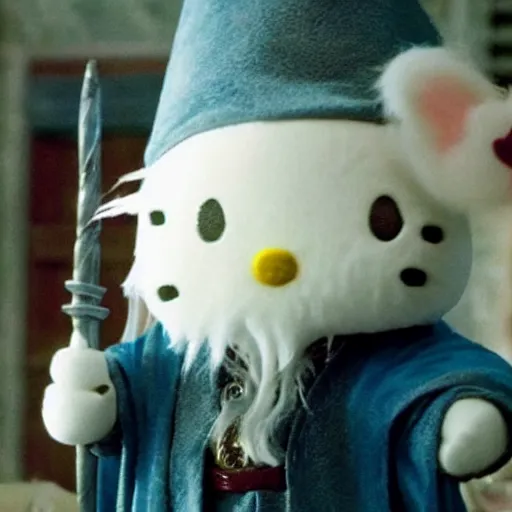 Image similar to gandalf cosplaying Hello Kitty, movie still from the lord of the rings