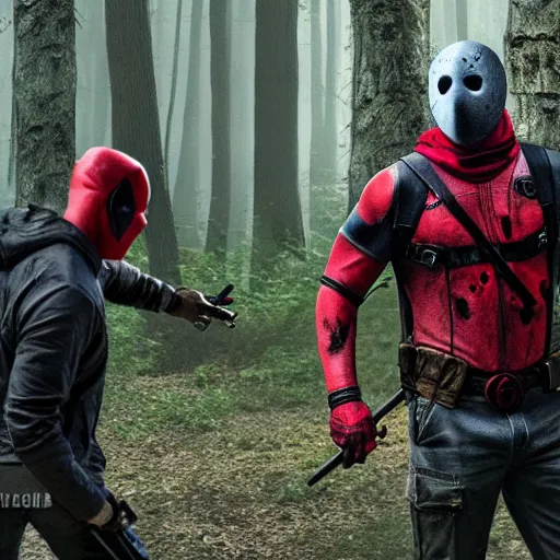 Image similar to jason voorhees meets deadpool in the woods digital art 4 k detailed super realistic