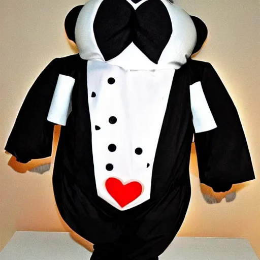 Prompt: a tuxedo for a big man with small legs, heart shaped goden mask with white lights for eyes.