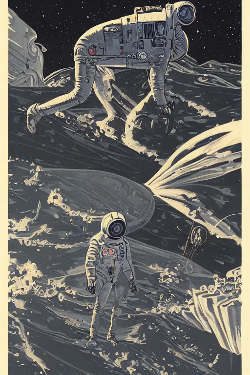 Image similar to dark retro illustration 1 9 6 7 science fiction, doomed astronaut on saturn's moon, gouache and ink, art sussman, mohrbacher, retro futurism