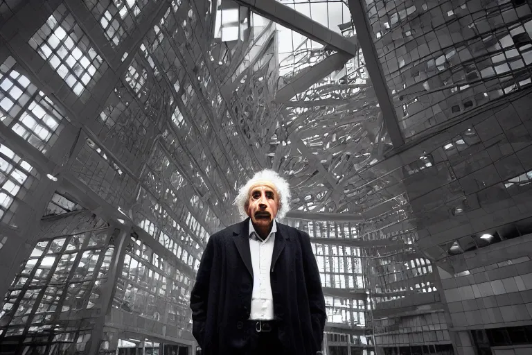 Prompt: 14mm Albert Einstein color portrait photo in World Trade Center complex, by Emmanuel Lubezki