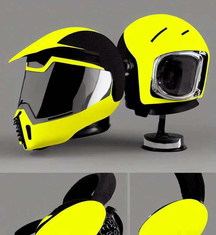 Prompt: futuristic yellow racing helmet with headset and chrome visor, a fusion of punk, cybertech and mad max aesthetics, neon trims, by kawakubo rei, takada kenzo and laurie greasley