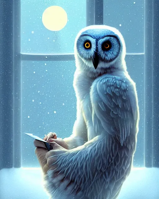 Image similar to polar owl delivers an envelope at the window - sill, by artgerm, victo ngai, ryohei hase, artstation, highly detailed digital painting, smooth, global illumination, art by john james audubon by greg rutkowsky, karl spitzweg, leyendecker